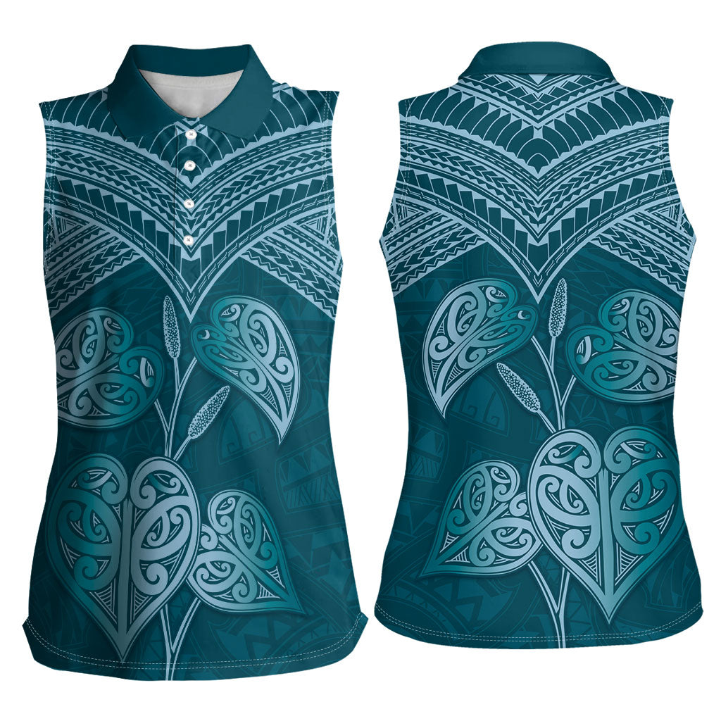 Cyan New Zealand Kawakawa Maori Ngaru Women Sleeveless Polo Shirt