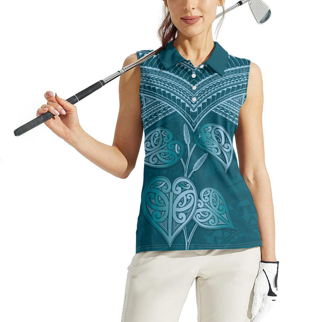 Cyan New Zealand Kawakawa Maori Ngaru Women Sleeveless Polo Shirt