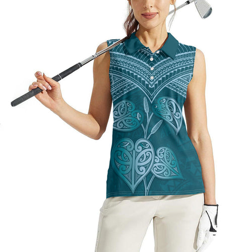 Cyan New Zealand Kawakawa Maori Ngaru Women Sleeveless Polo Shirt