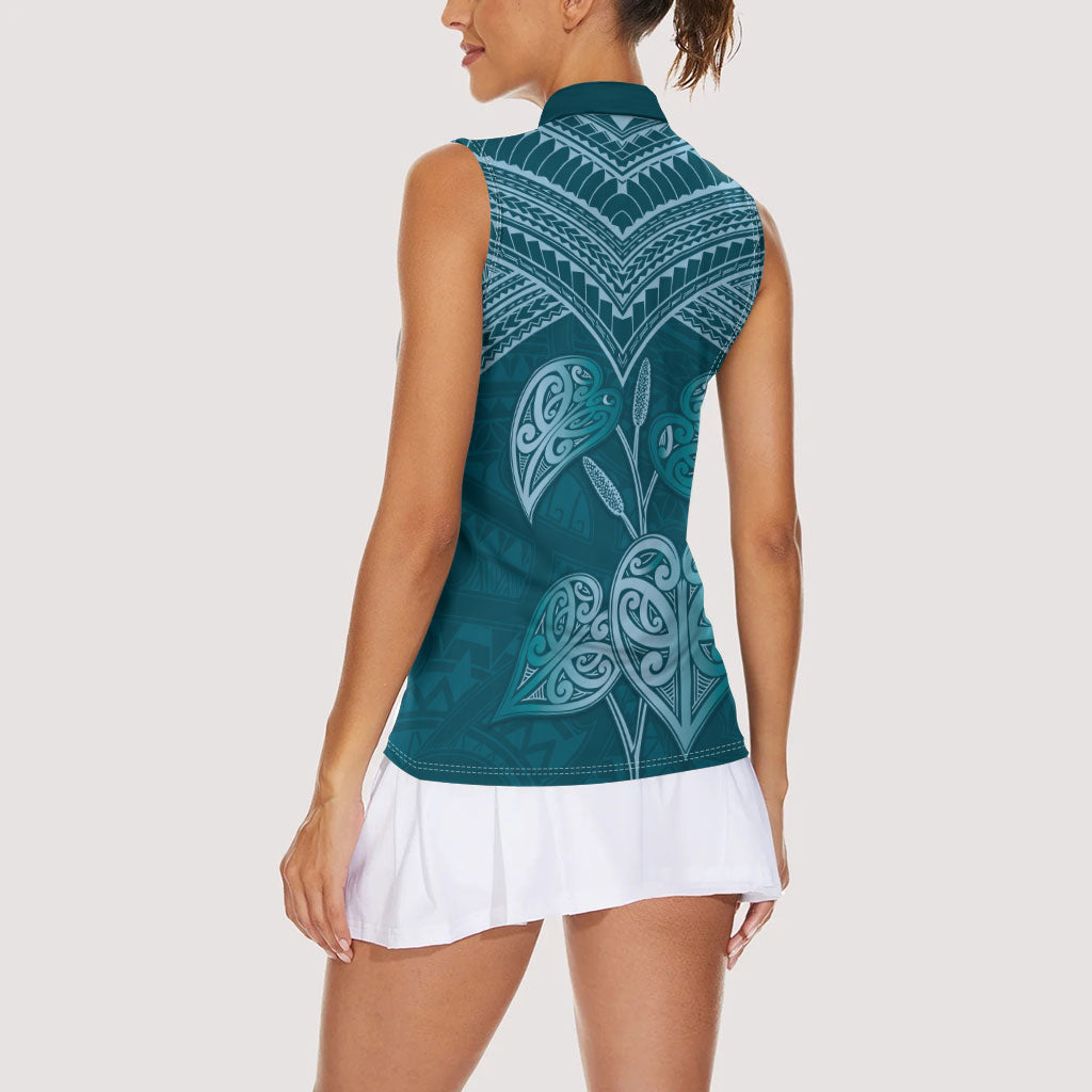 Cyan New Zealand Kawakawa Maori Ngaru Women Sleeveless Polo Shirt