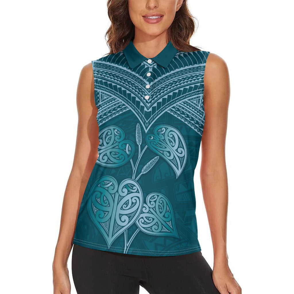 Cyan New Zealand Kawakawa Maori Ngaru Women Sleeveless Polo Shirt