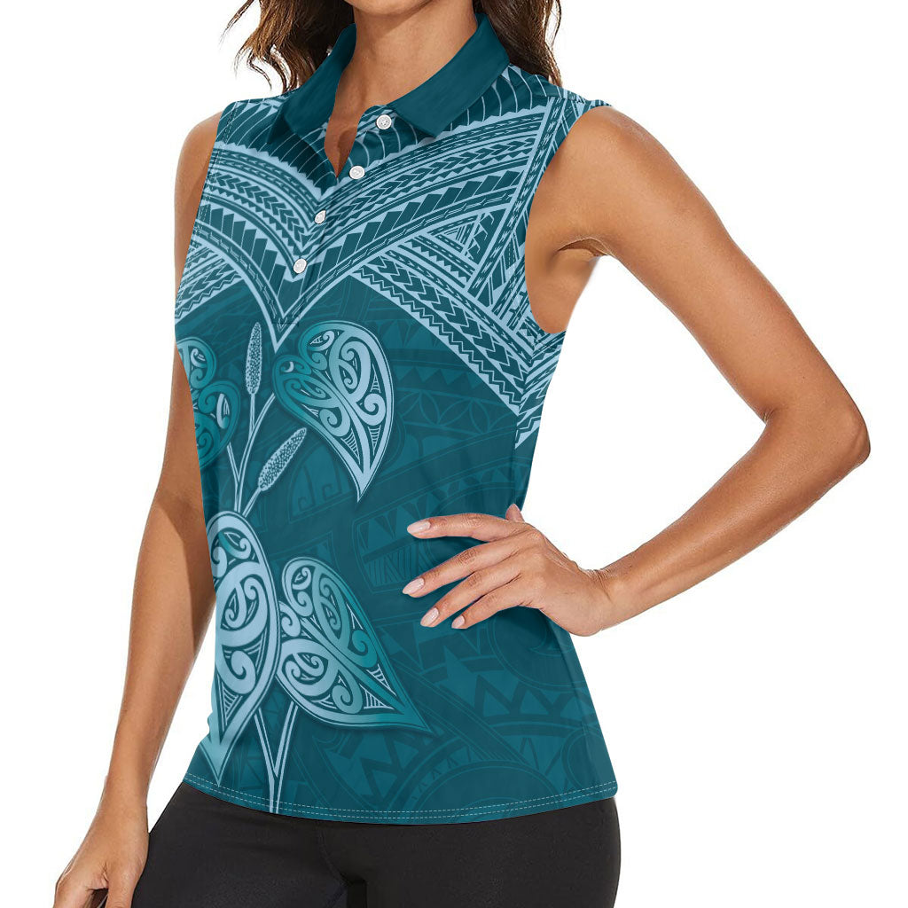 Cyan New Zealand Kawakawa Maori Ngaru Women Sleeveless Polo Shirt