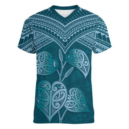 Cyan New Zealand Kawakawa Maori Ngaru Women V-Neck T-Shirt