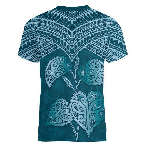 Cyan New Zealand Kawakawa Maori Ngaru Women V-Neck T-Shirt