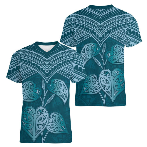 Cyan New Zealand Kawakawa Maori Ngaru Women V-Neck T-Shirt