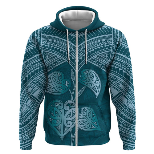 Cyan New Zealand Kawakawa Maori Ngaru Zip Hoodie