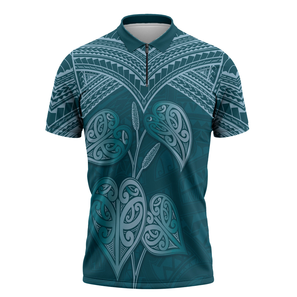Cyan New Zealand Kawakawa Maori Ngaru Zipper Polo Shirt