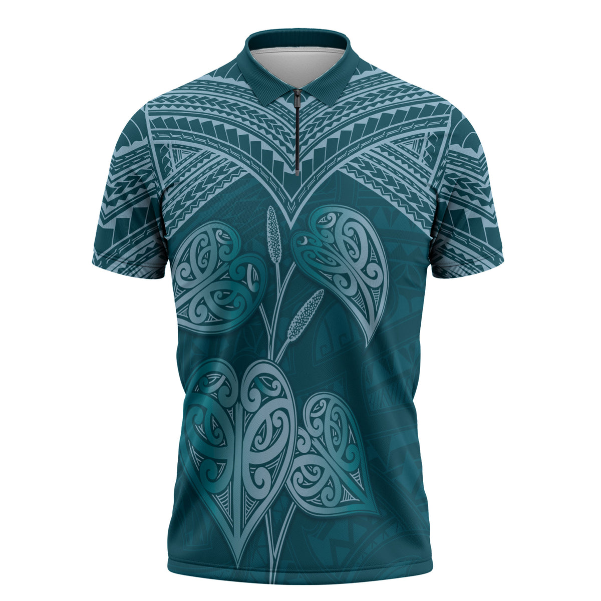 Cyan New Zealand Kawakawa Maori Ngaru Zipper Polo Shirt