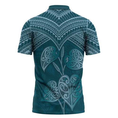 Cyan New Zealand Kawakawa Maori Ngaru Zipper Polo Shirt