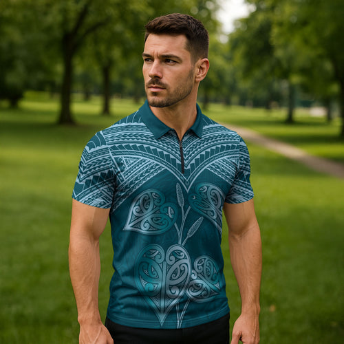 Cyan New Zealand Kawakawa Maori Ngaru Zipper Polo Shirt