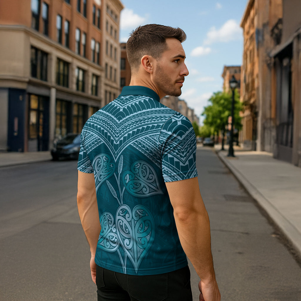Cyan New Zealand Kawakawa Maori Ngaru Zipper Polo Shirt