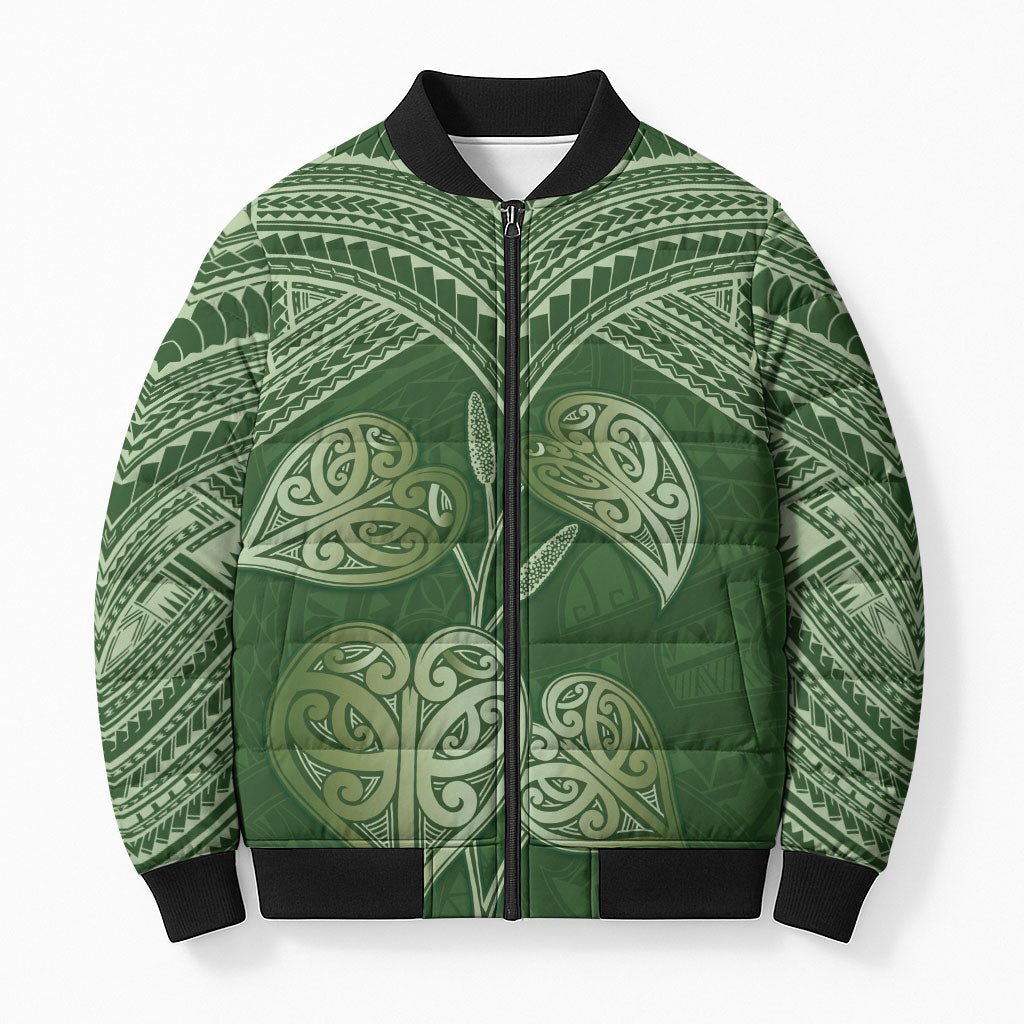 Green New Zealand Kawakawa Maori Ngaru Bomber Puffer Jacket