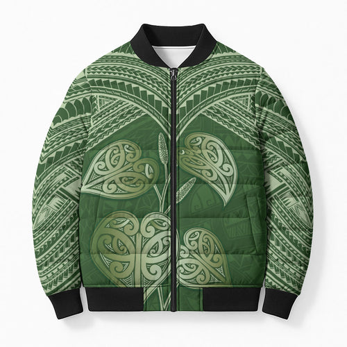 Green New Zealand Kawakawa Maori Ngaru Bomber Puffer Jacket