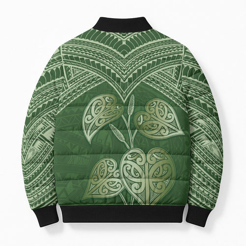 Green New Zealand Kawakawa Maori Ngaru Bomber Puffer Jacket