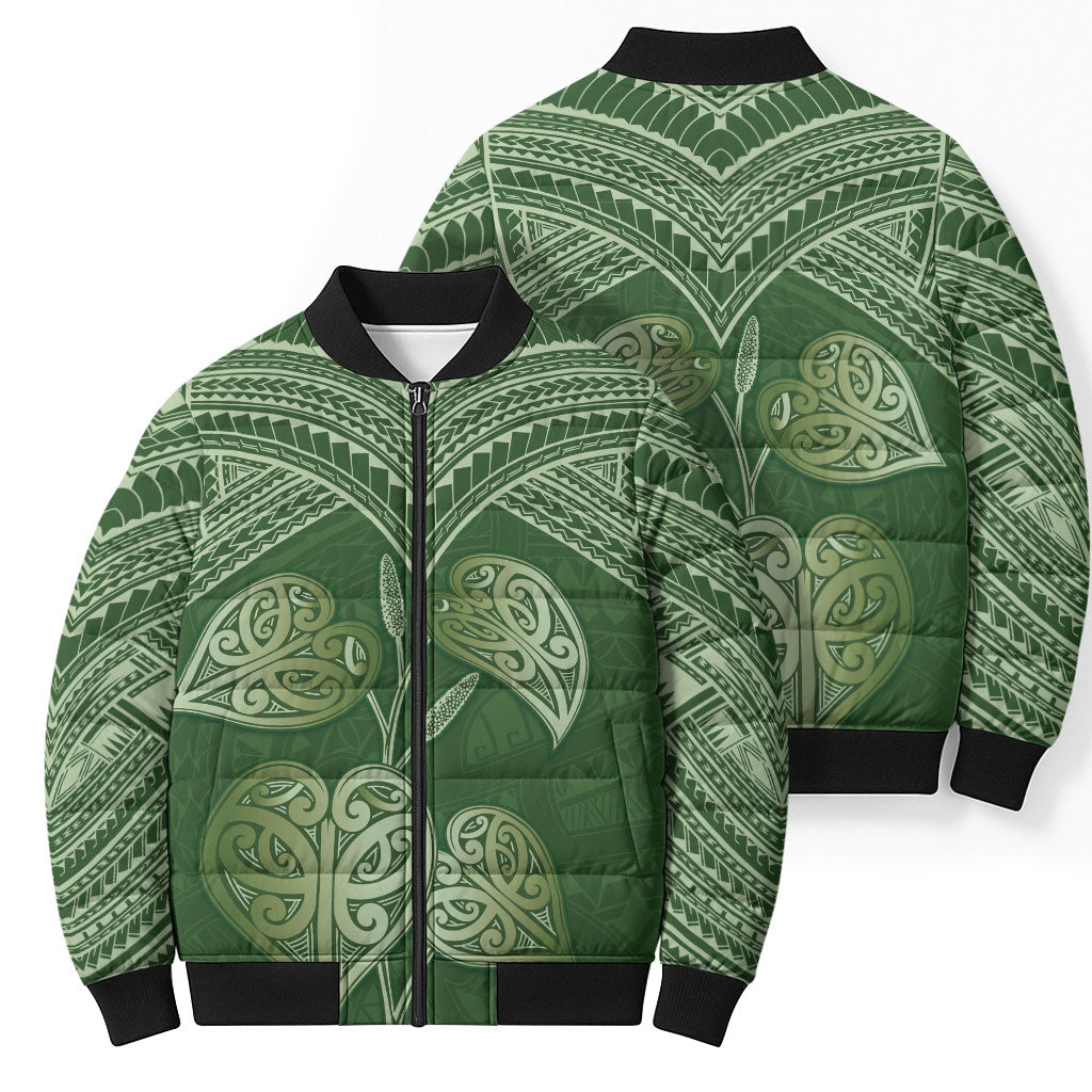 Green New Zealand Kawakawa Maori Ngaru Bomber Puffer Jacket