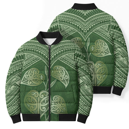 Green New Zealand Kawakawa Maori Ngaru Bomber Puffer Jacket