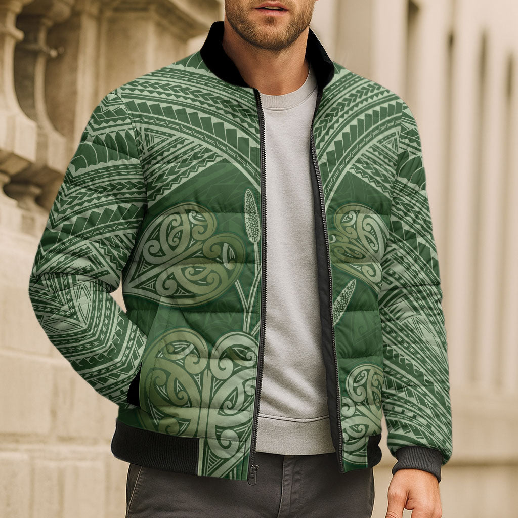 Green New Zealand Kawakawa Maori Ngaru Bomber Puffer Jacket
