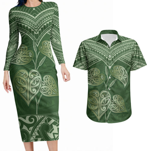 Green New Zealand Kawakawa Maori Ngaru Couples Matching Long Sleeve Bodycon Dress and Hawaiian Shirt