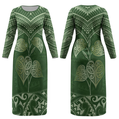 Green New Zealand Kawakawa Maori Ngaru Couples Matching Long Sleeve Bodycon Dress and Hawaiian Shirt
