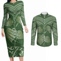 Green New Zealand Kawakawa Maori Ngaru Couples Matching Long Sleeve Bodycon Dress and Long Sleeve Button Shirt