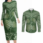 Green New Zealand Kawakawa Maori Ngaru Couples Matching Long Sleeve Bodycon Dress and Long Sleeve Button Shirt