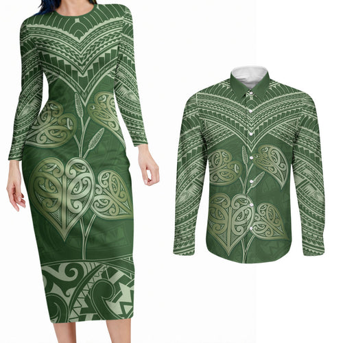Green New Zealand Kawakawa Maori Ngaru Couples Matching Long Sleeve Bodycon Dress and Long Sleeve Button Shirt