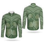 Green New Zealand Kawakawa Maori Ngaru Couples Matching Long Sleeve Bodycon Dress and Long Sleeve Button Shirt