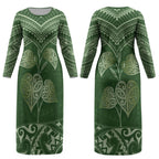 Green New Zealand Kawakawa Maori Ngaru Couples Matching Long Sleeve Bodycon Dress and Long Sleeve Button Shirt