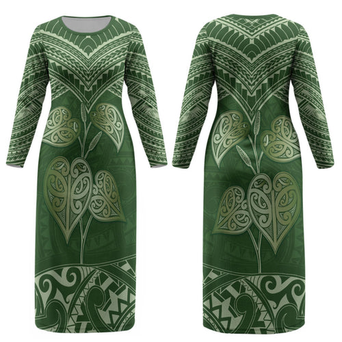 Green New Zealand Kawakawa Maori Ngaru Couples Matching Long Sleeve Bodycon Dress and Long Sleeve Button Shirt