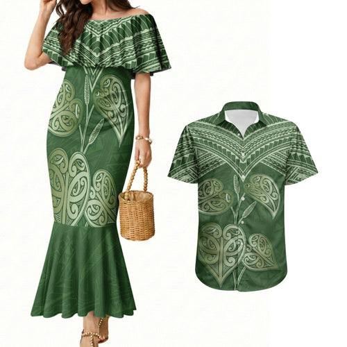 Green New Zealand Kawakawa Maori Ngaru Couples Matching Mermaid Dress and Hawaiian Shirt