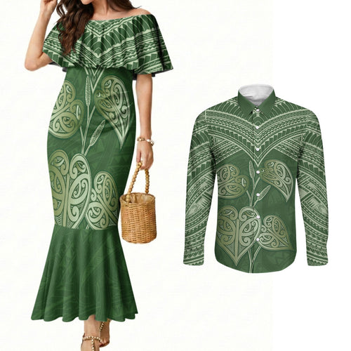 Green New Zealand Kawakawa Maori Ngaru Couples Matching Mermaid Dress and Long Sleeve Button Shirt