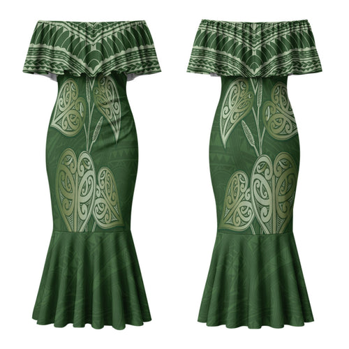 Green New Zealand Kawakawa Maori Ngaru Couples Matching Mermaid Dress and Long Sleeve Button Shirt