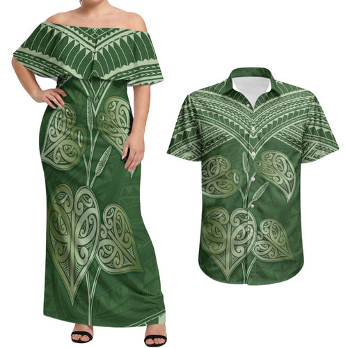 Green New Zealand Kawakawa Maori Ngaru Couples Matching Off Shoulder Maxi Dress and Hawaiian Shirt