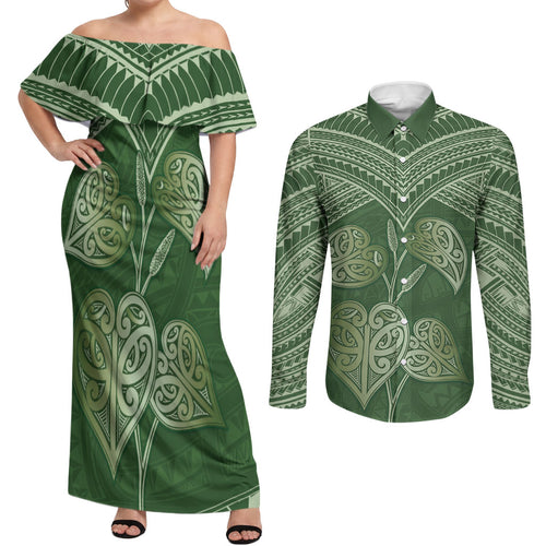 Green New Zealand Kawakawa Maori Ngaru Couples Matching Off Shoulder Maxi Dress and Long Sleeve Button Shirt