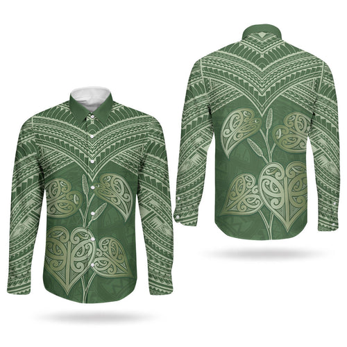 Green New Zealand Kawakawa Maori Ngaru Couples Matching Off Shoulder Maxi Dress and Long Sleeve Button Shirt