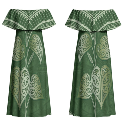 Green New Zealand Kawakawa Maori Ngaru Couples Matching Off Shoulder Maxi Dress and Long Sleeve Button Shirt