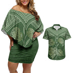 Green New Zealand Kawakawa Maori Ngaru Couples Matching Off Shoulder Short Dress and Hawaiian Shirt