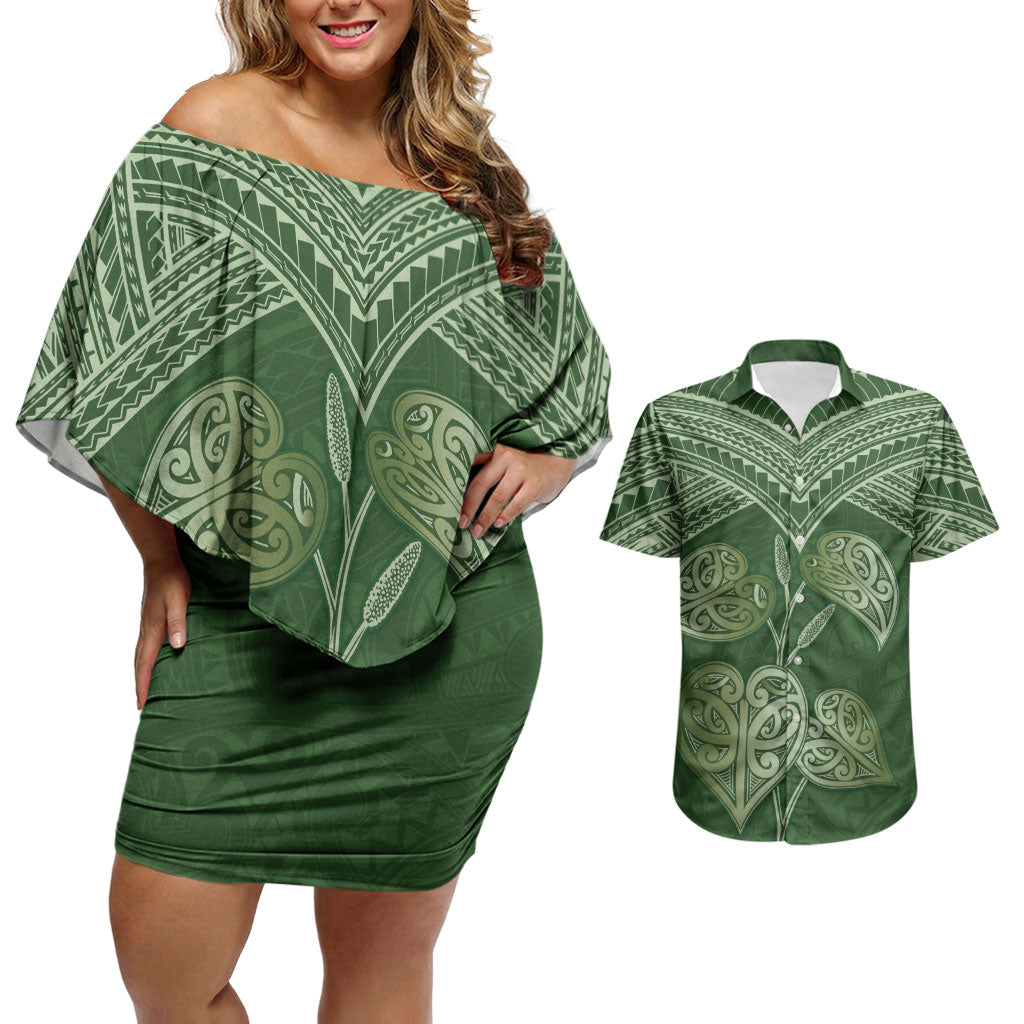 Green New Zealand Kawakawa Maori Ngaru Couples Matching Off Shoulder Short Dress and Hawaiian Shirt
