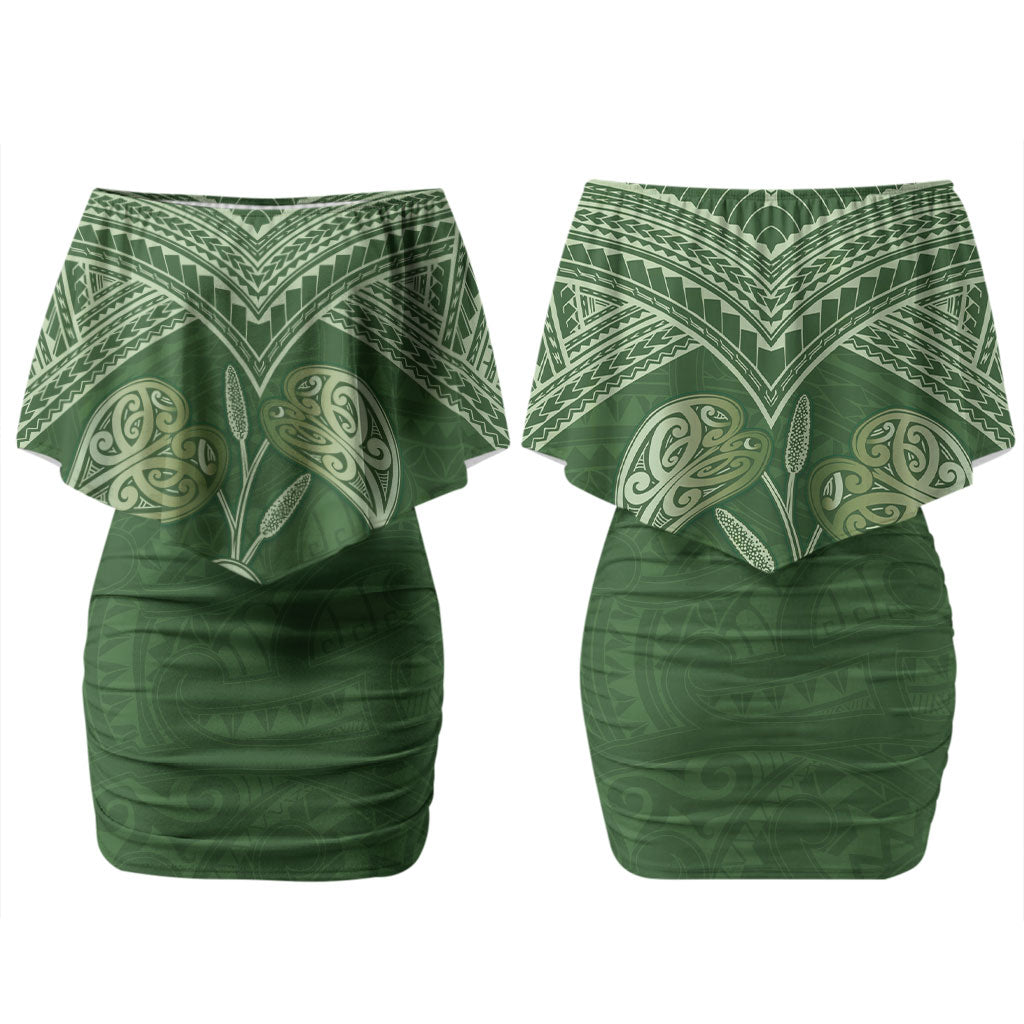 Green New Zealand Kawakawa Maori Ngaru Couples Matching Off Shoulder Short Dress and Hawaiian Shirt
