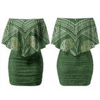 Green New Zealand Kawakawa Maori Ngaru Couples Matching Off Shoulder Short Dress and Hawaiian Shirt