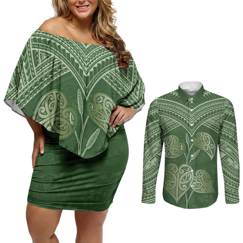 Green New Zealand Kawakawa Maori Ngaru Couples Matching Off Shoulder Short Dress and Long Sleeve Button Shirt