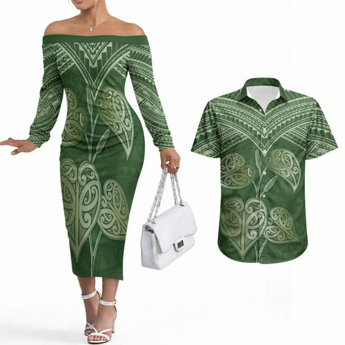Green New Zealand Kawakawa Maori Ngaru Couples Matching Off The Shoulder Long Sleeve Dress and Hawaiian Shirt