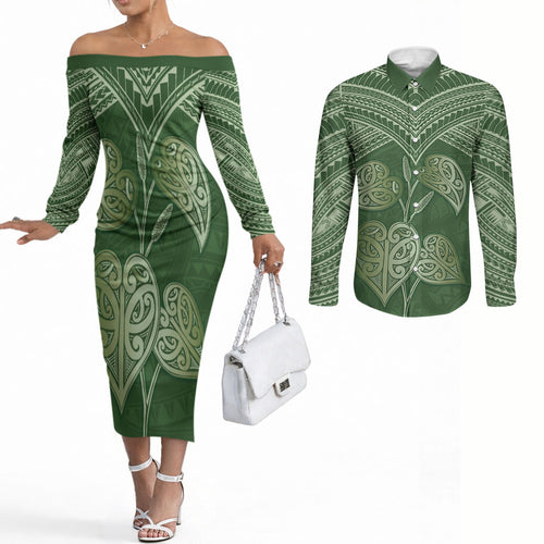 Green New Zealand Kawakawa Maori Ngaru Couples Matching Off The Shoulder Long Sleeve Dress and Long Sleeve Button Shirt