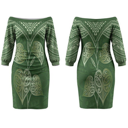 Green New Zealand Kawakawa Maori Ngaru Couples Matching Off The Shoulder Long Sleeve Dress and Long Sleeve Button Shirt