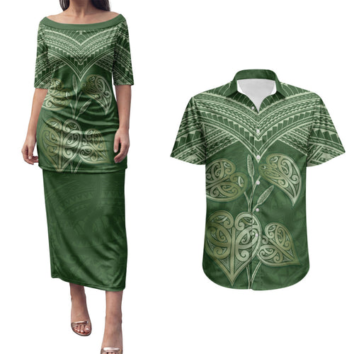Green New Zealand Kawakawa Maori Ngaru Couples Matching Puletasi and Hawaiian Shirt