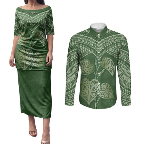 Green New Zealand Kawakawa Maori Ngaru Couples Matching Puletasi and Long Sleeve Button Shirt