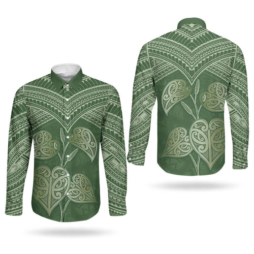 Green New Zealand Kawakawa Maori Ngaru Couples Matching Puletasi and Long Sleeve Button Shirt