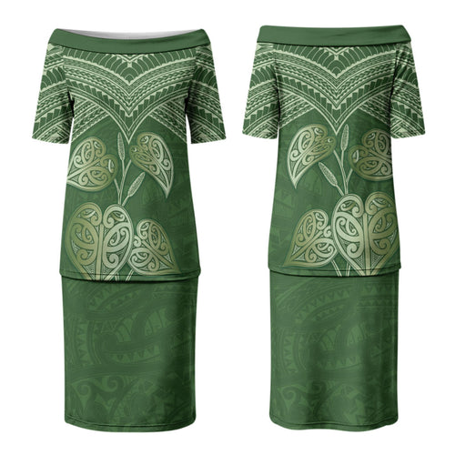 Green New Zealand Kawakawa Maori Ngaru Couples Matching Puletasi and Long Sleeve Button Shirt