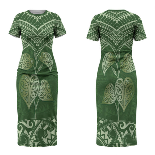 Green New Zealand Kawakawa Maori Ngaru Couples Matching Short Sleeve Bodycon Dress and Hawaiian Shirt