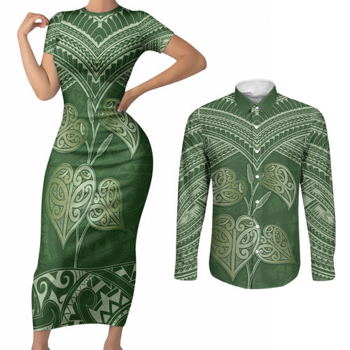 Green New Zealand Kawakawa Maori Ngaru Couples Matching Short Sleeve Bodycon Dress and Long Sleeve Button Shirt